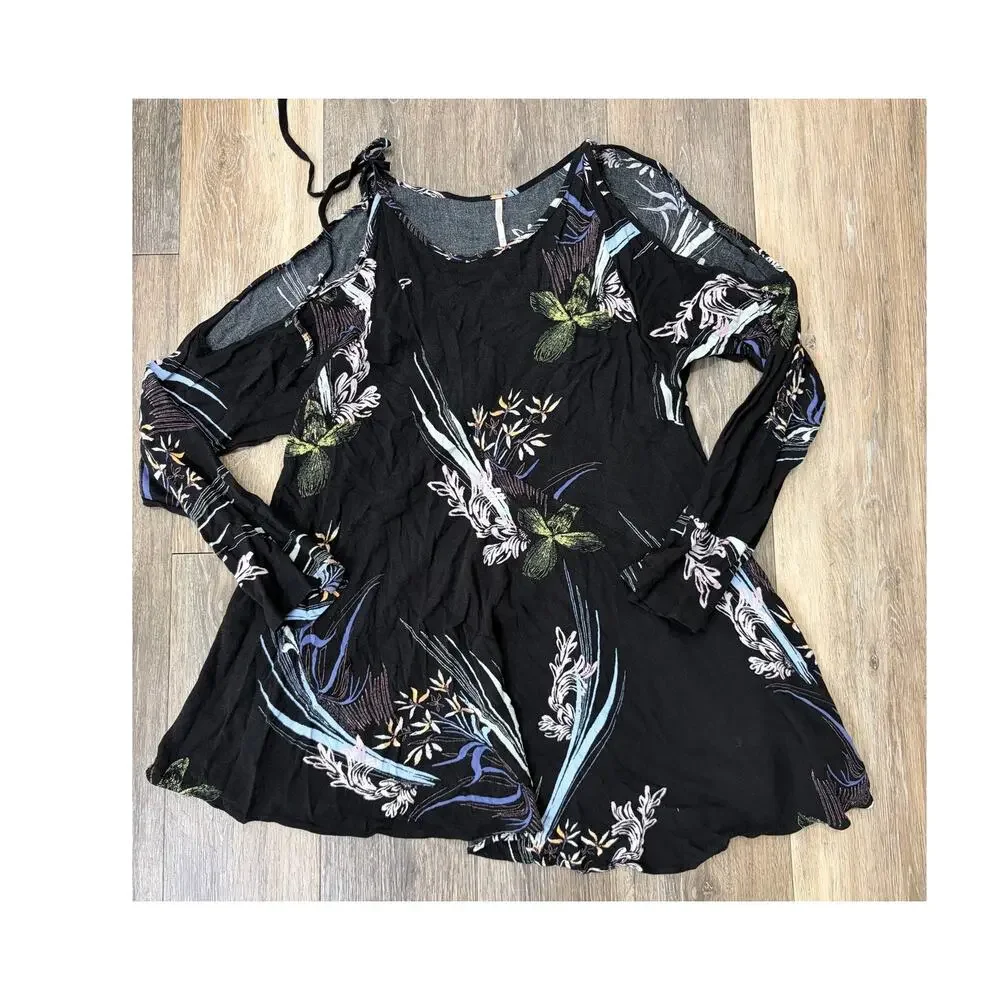 Free People Womens XS Floral Boho Tunic Dress Cold Shoulder Black Flowy Mini